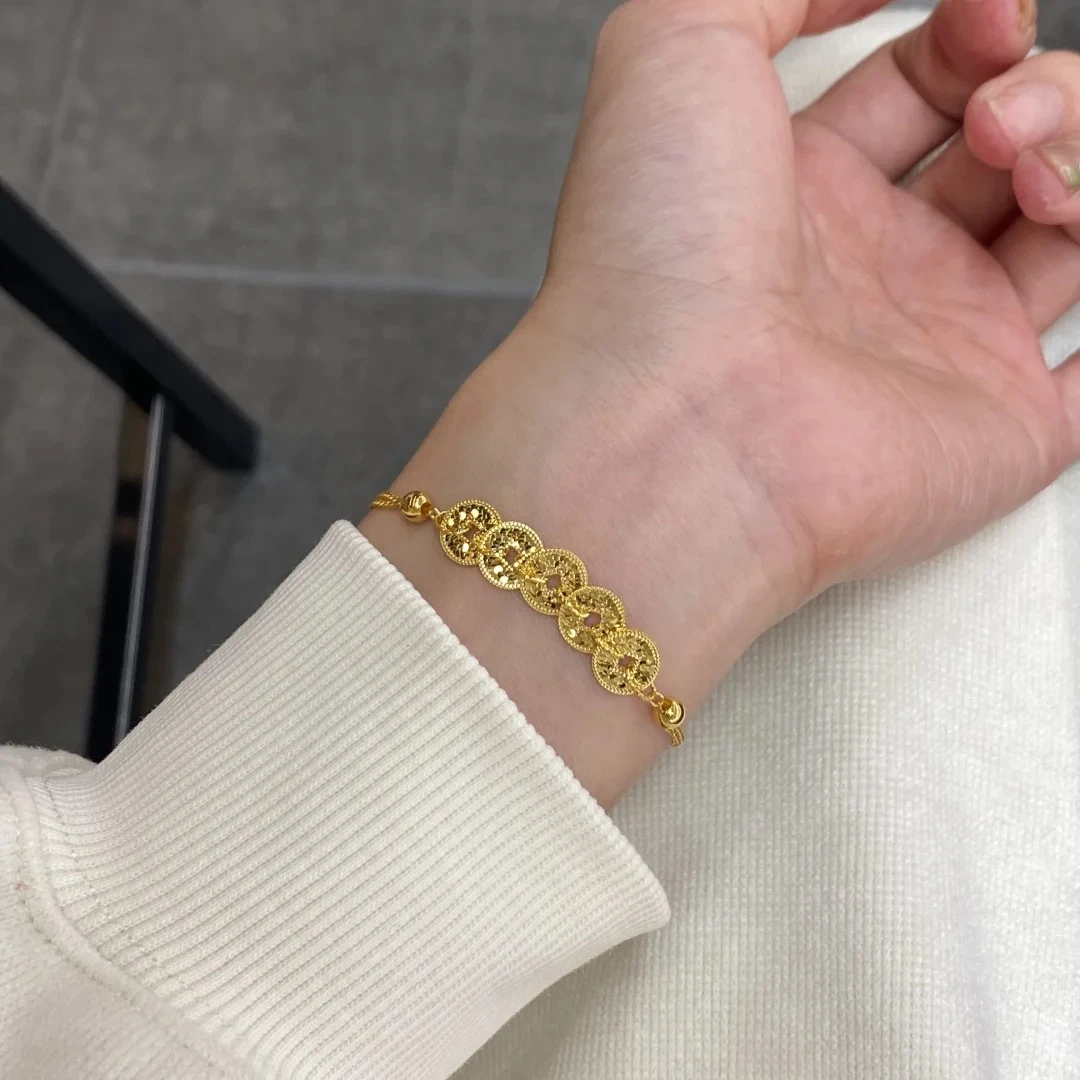 足金999爆闪碎碎冰五帝币黄金手链碎冰冰钱多多手串纯金新年送礼