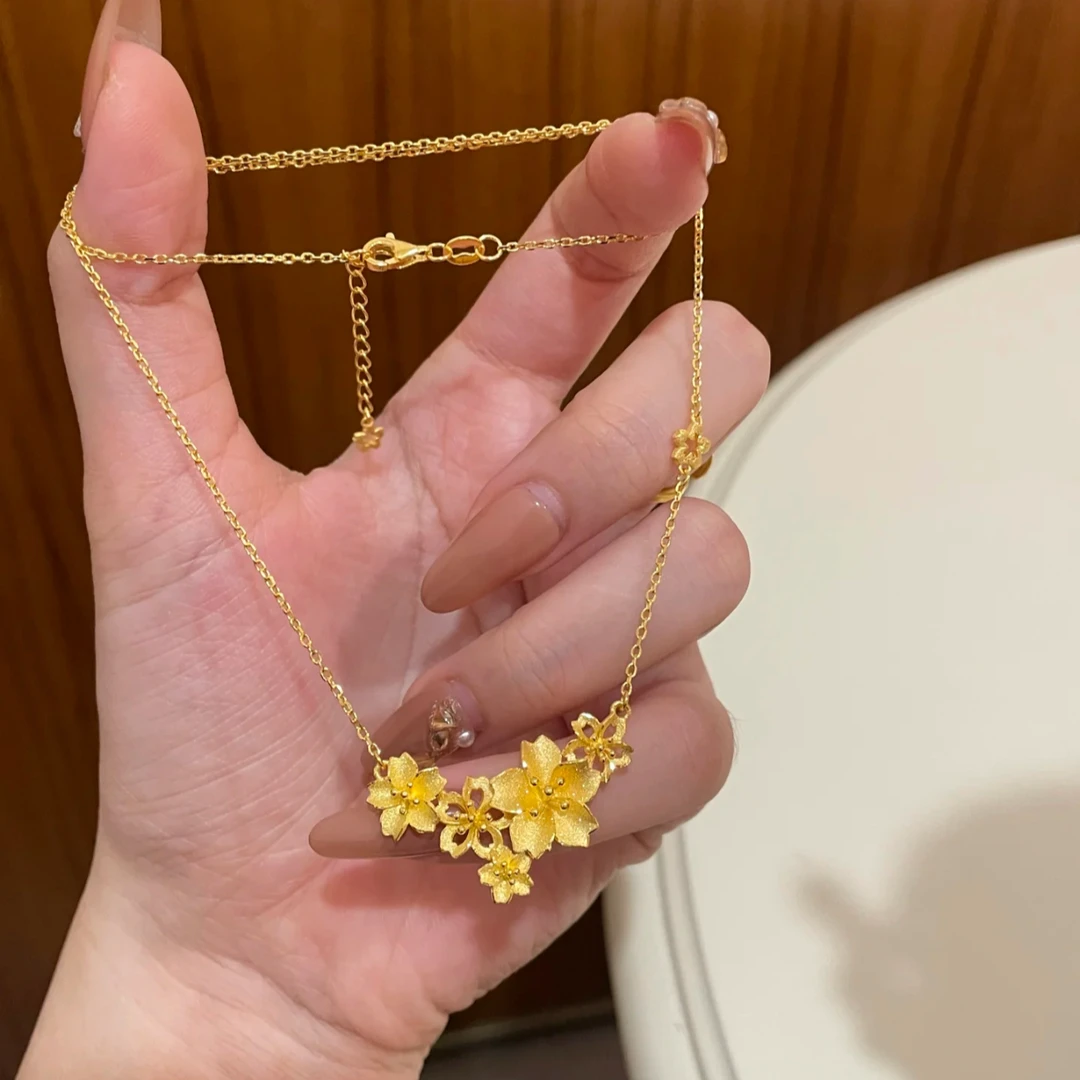 铜合金项链 古法三生花项链镂空花朵吊坠颈链时尚气质百搭女士