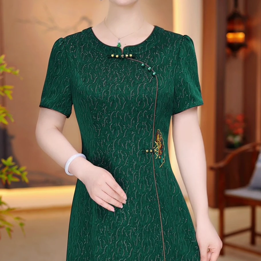 2025夏季新款大码遮肉显瘦改良旗袍裙子中老年短袖妈妈装连衣裙