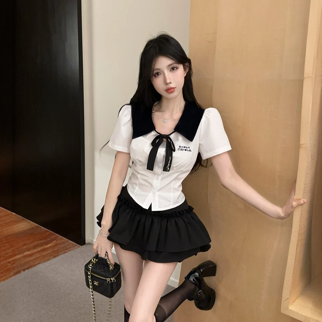 辣妹学院风套装高腰蓬蓬裙两件套女夏季设计感收腰白色衬衫jk制服