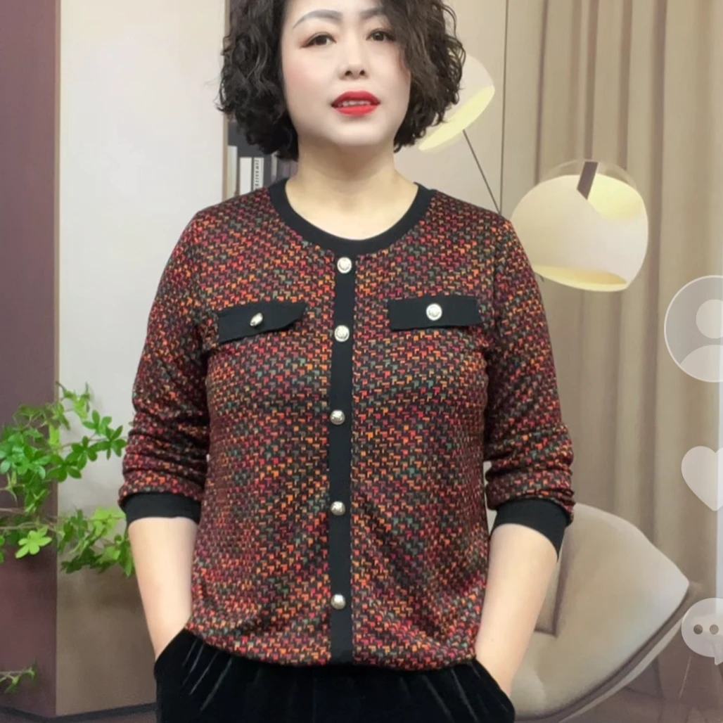 洋气减龄女装时尚小香风遮肉上衣G春款中老年妈妈宽松大码长袖t恤