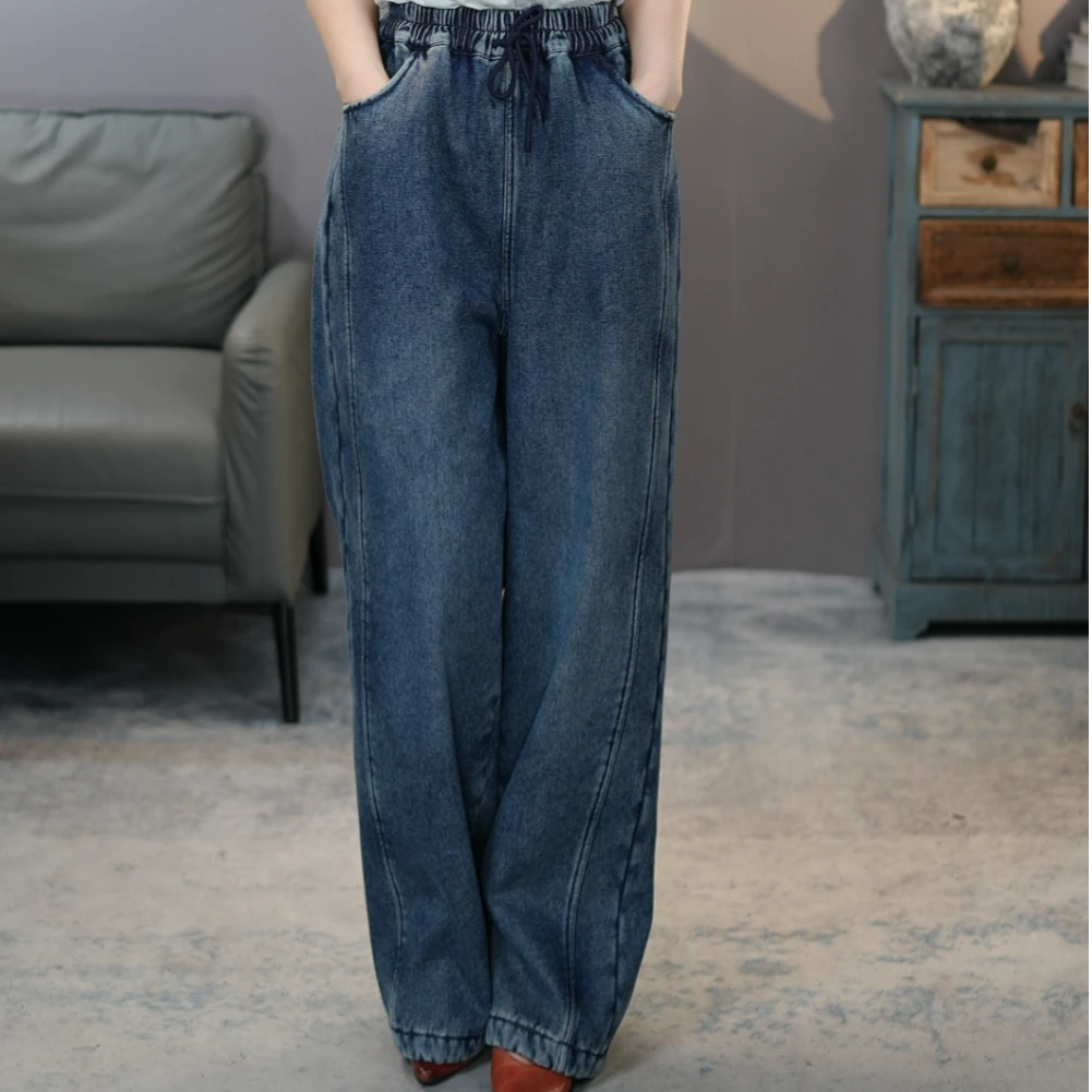 6910蓝阔腿裤2026春文艺复古加厚高腰牛仔裤松紧腰棉裤显瘦长裤