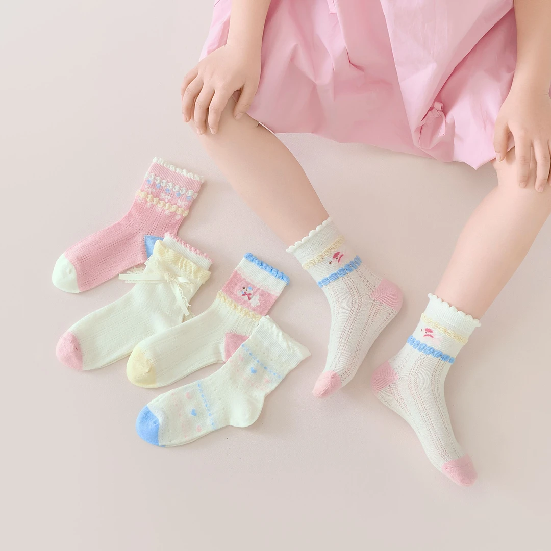 女童蝴蝶结袜子无骨透气公主花边网眼袜春夏薄款女孩可爱中筒袜