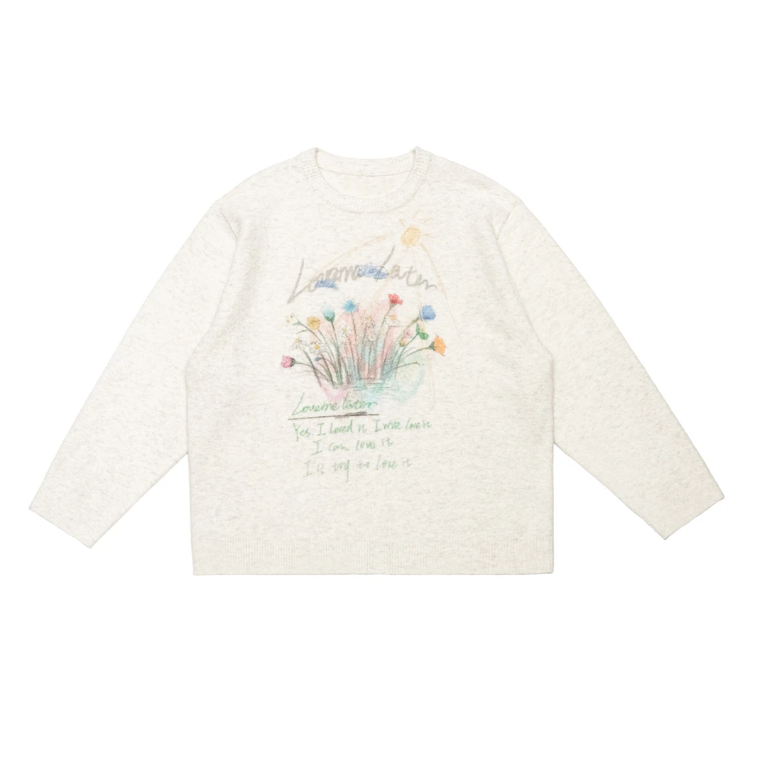 LOVEMELATER 花卉涂鸦圆领毛衣国潮多色针织衫休闲重磅慵懒感上衣