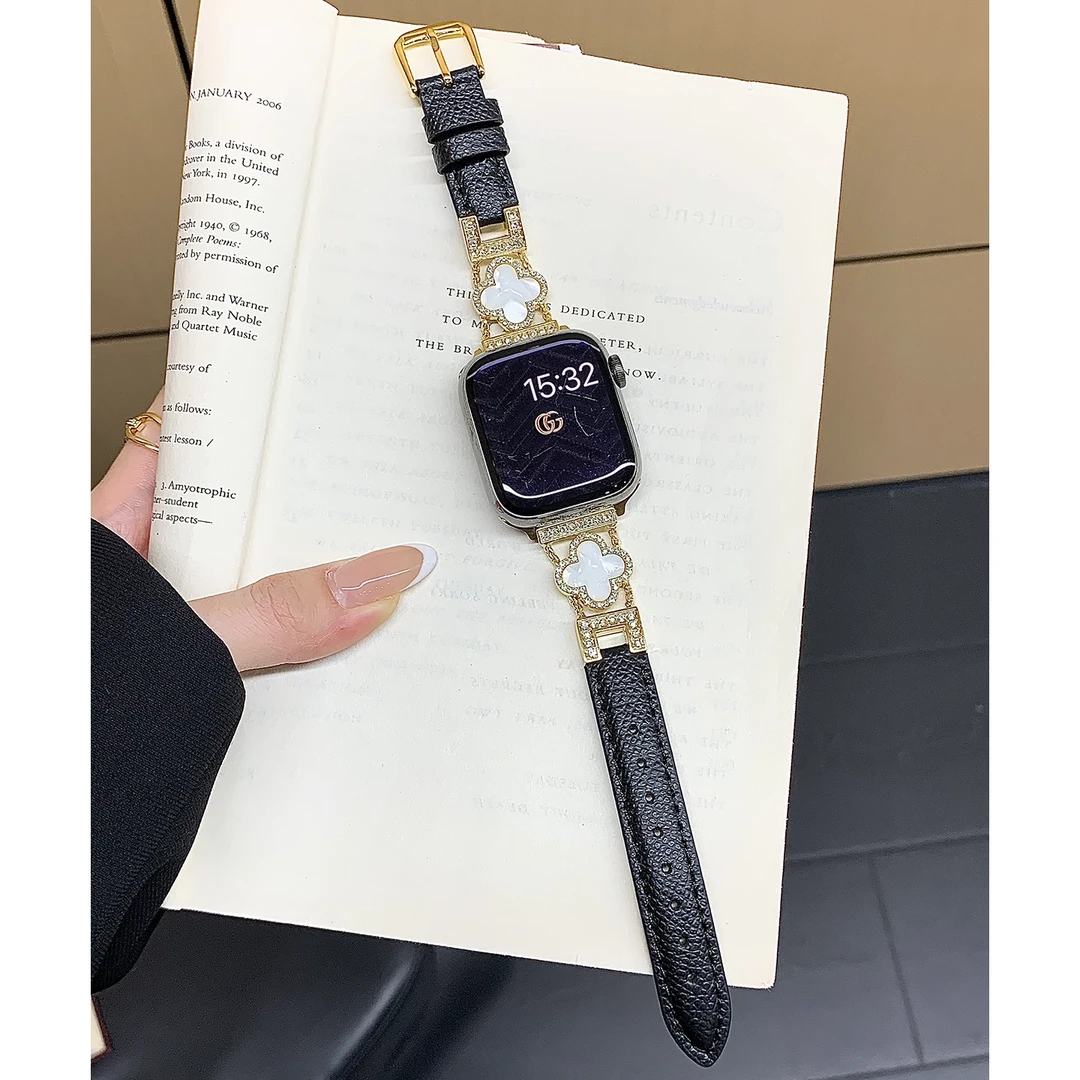 适用iWatch多系列适用四叶草设计高级感金属s11手表苹果手表表带