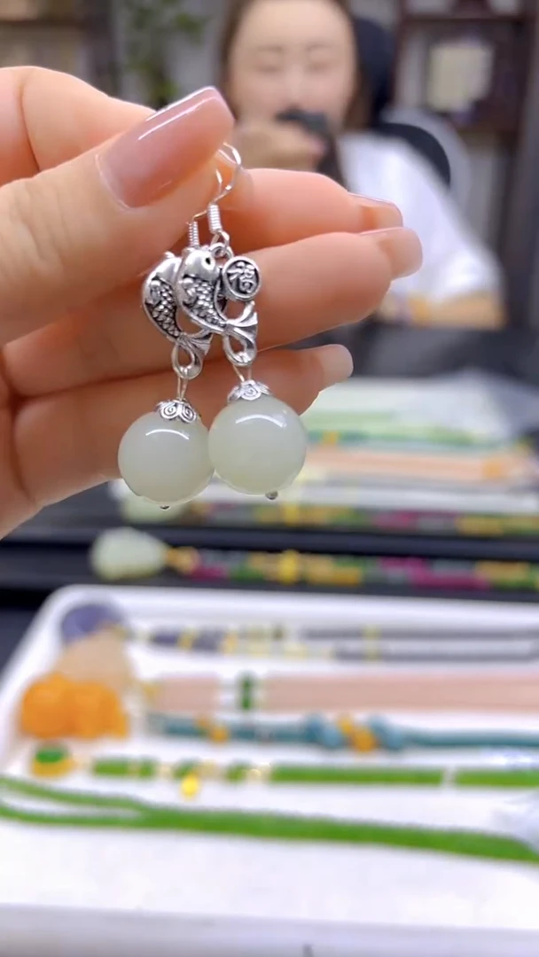 和田玉（白玉）银S925镶嵌耳饰DIY款E783