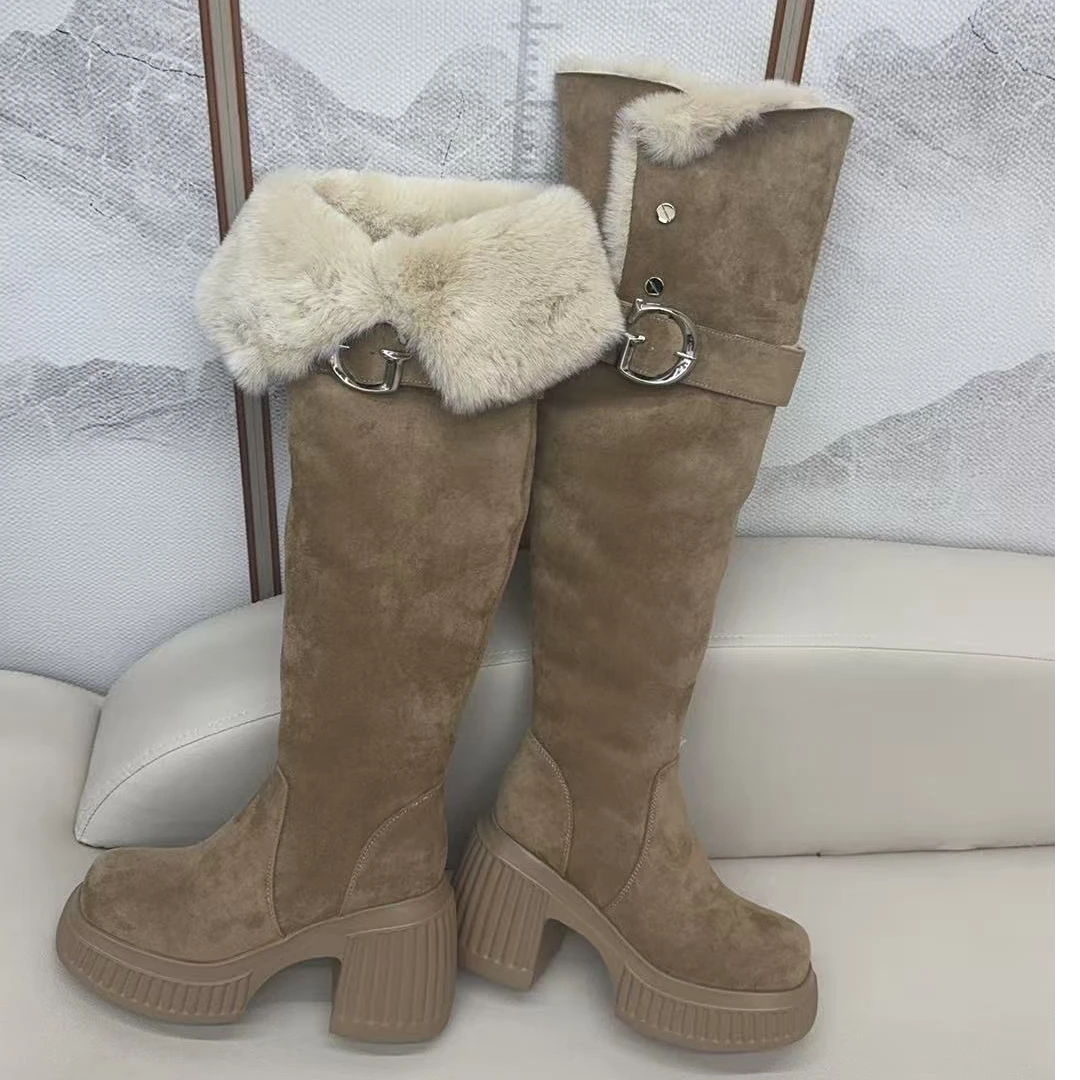 小个子时装靴时装厚底加绒女鞋骑士长靴粗跟高筒靴冬季百搭雪地靴