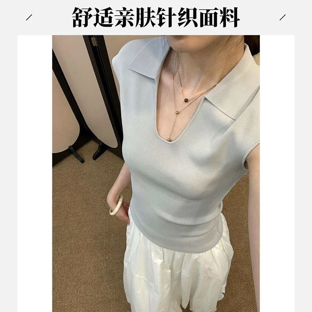 2025新款法式气质Polo领针织无袖t恤女夏修身显瘦韩式绝美上衣女