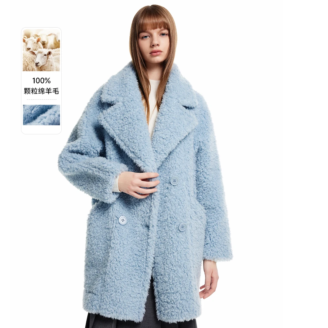 莱茵纯绵羊毛廓形大翻领2024年冬季新款大衣仿皮草女LMFD18FMC154