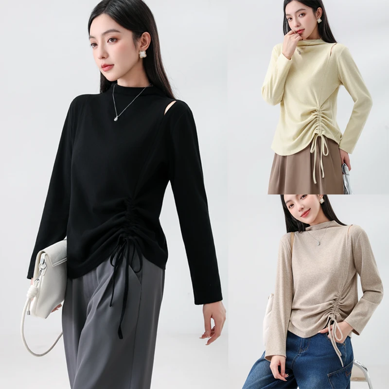 大码女装秋季纯色长袖宽松半高领透气T恤衫设计感百搭打底衫6950