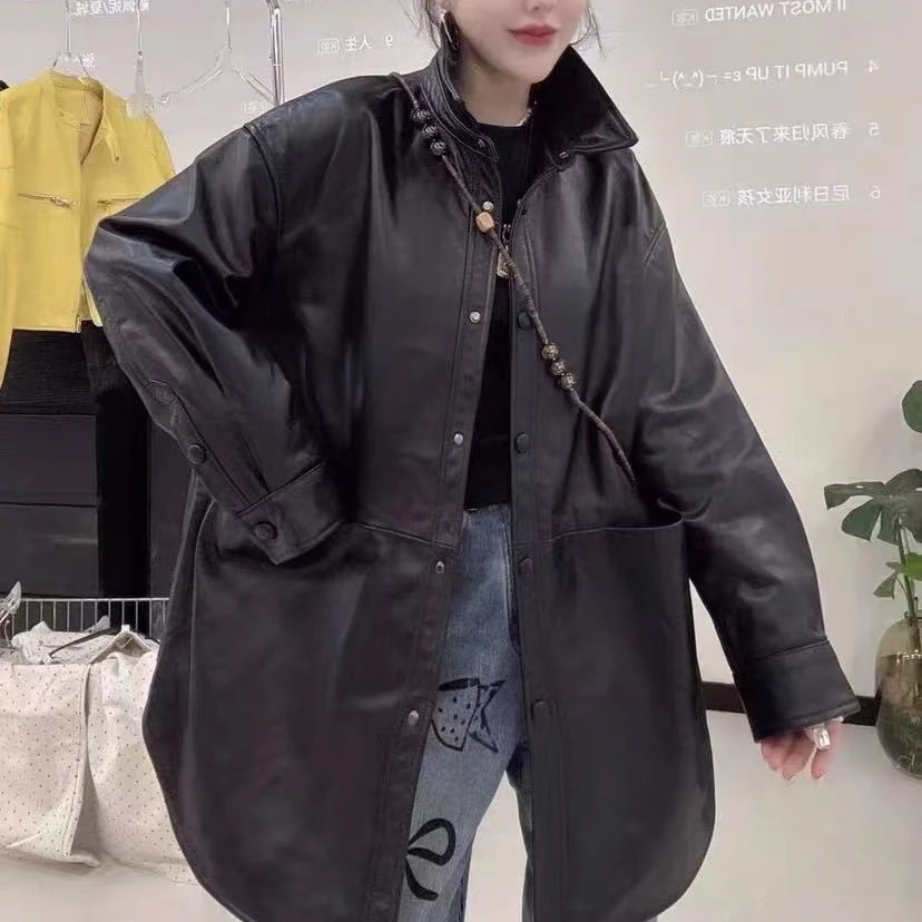 2025春pu皮中长款黑色外套 宽松百搭时尚气质拼接显瘦皮衣外套女