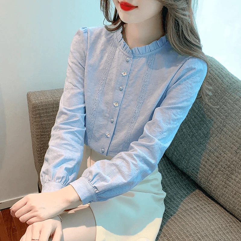 春秋新款时尚休闲提花刺绣立领衬衫女长袖常规款质上衣