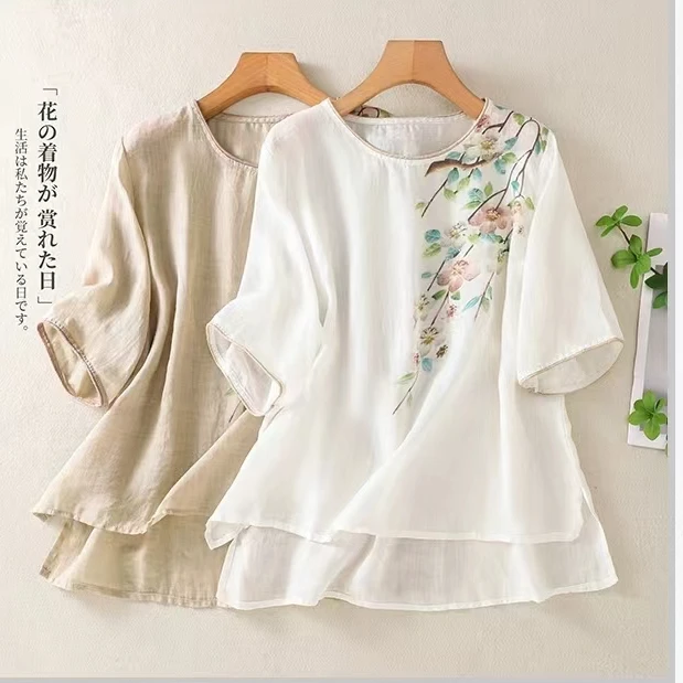 【 现货+运费险】新中式棉麻印花上衣女夏季新款圆领棉麻小衫325