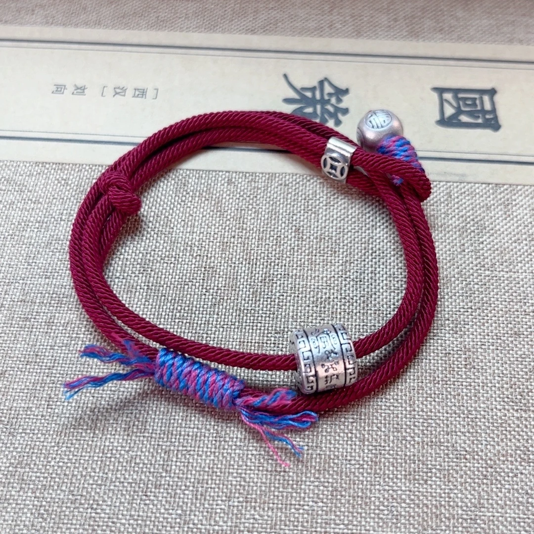 925银布艺手链 S925银国风民族风复古红绳手链蛇年新款可调节百搭