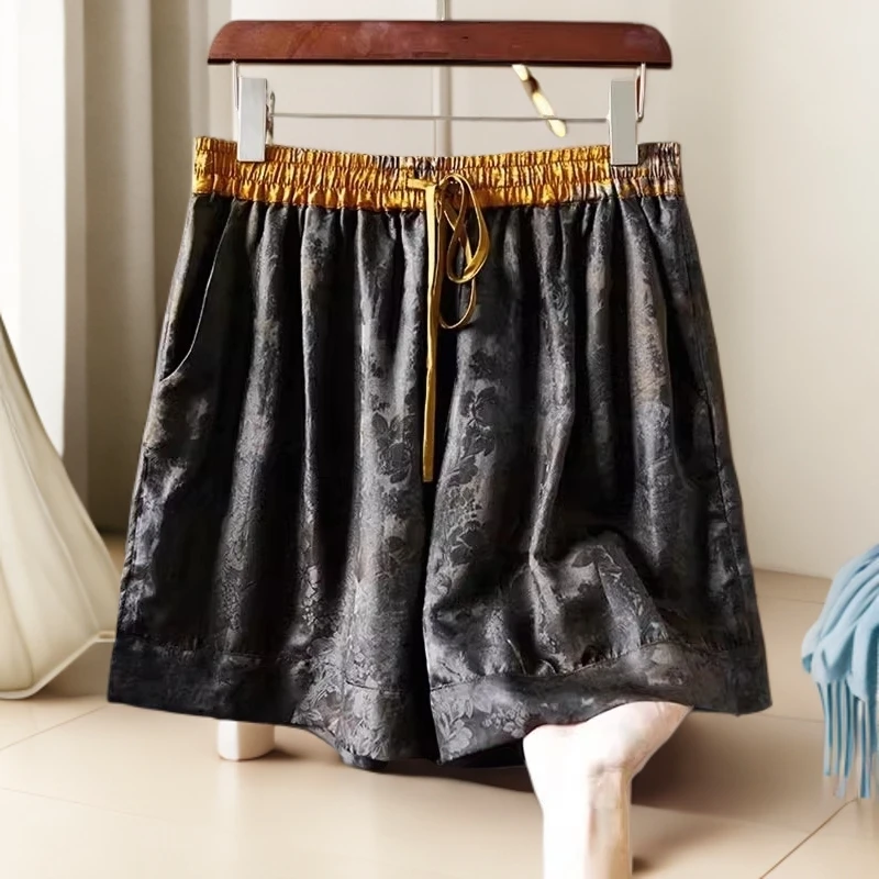 时尚百搭复古显瘦宽松高腰休闲提花五分中裤新中式醋酸阔腿短裤女