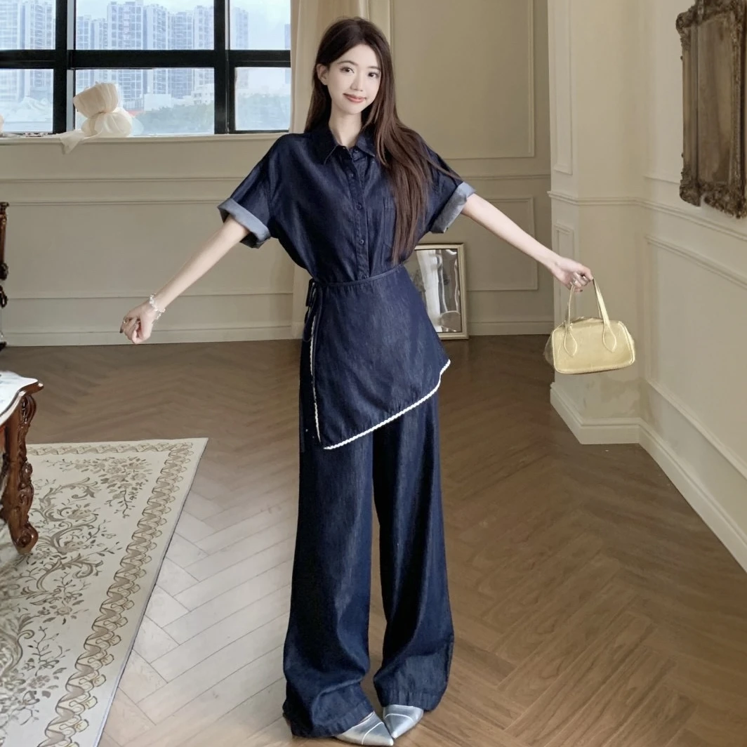 2025夏新款韩系百搭设计感仿牛仔衬衣休闲裤屁帘三件套套装A1251