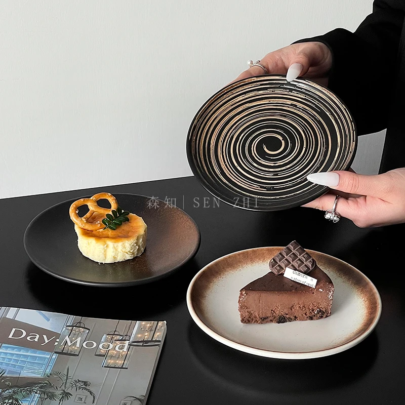 日式复古陶瓷甜品盘牛排西餐盘家用高颜值意面盘蛋糕碟圆盘早餐盘