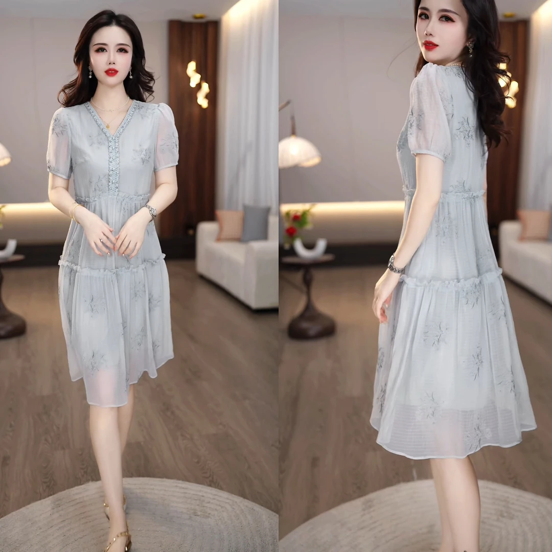 2025夏季新款气质时尚洋气宽松遮肉遮肚女士中长款连衣裙M-4XL