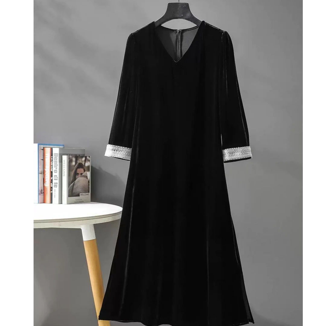 纯色常规中袖中腰七分袖连衣裙显瘦宽松复古长袖提花中国风