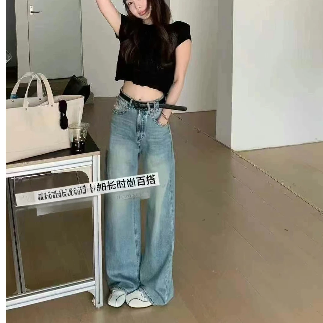 新款高腰显瘦拖地直筒裤（77378）