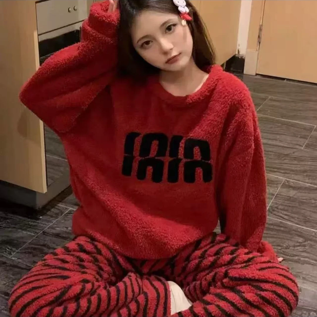 SOSE【家居服】加绒加厚ins风保暖针织可外穿珊瑚绒套装 0000