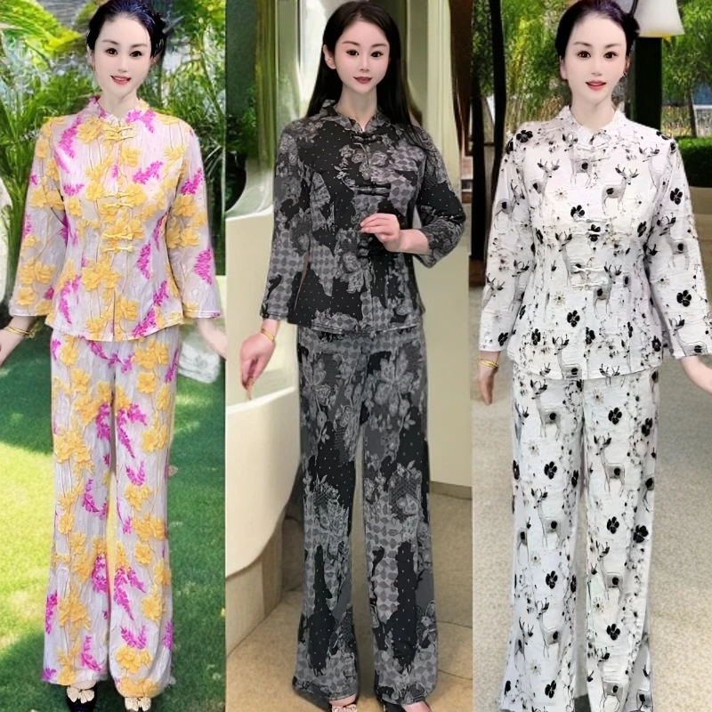 复古盘扣中老年妈妈装气质夏季休闲七分袖女上衣长裤套装时尚印花