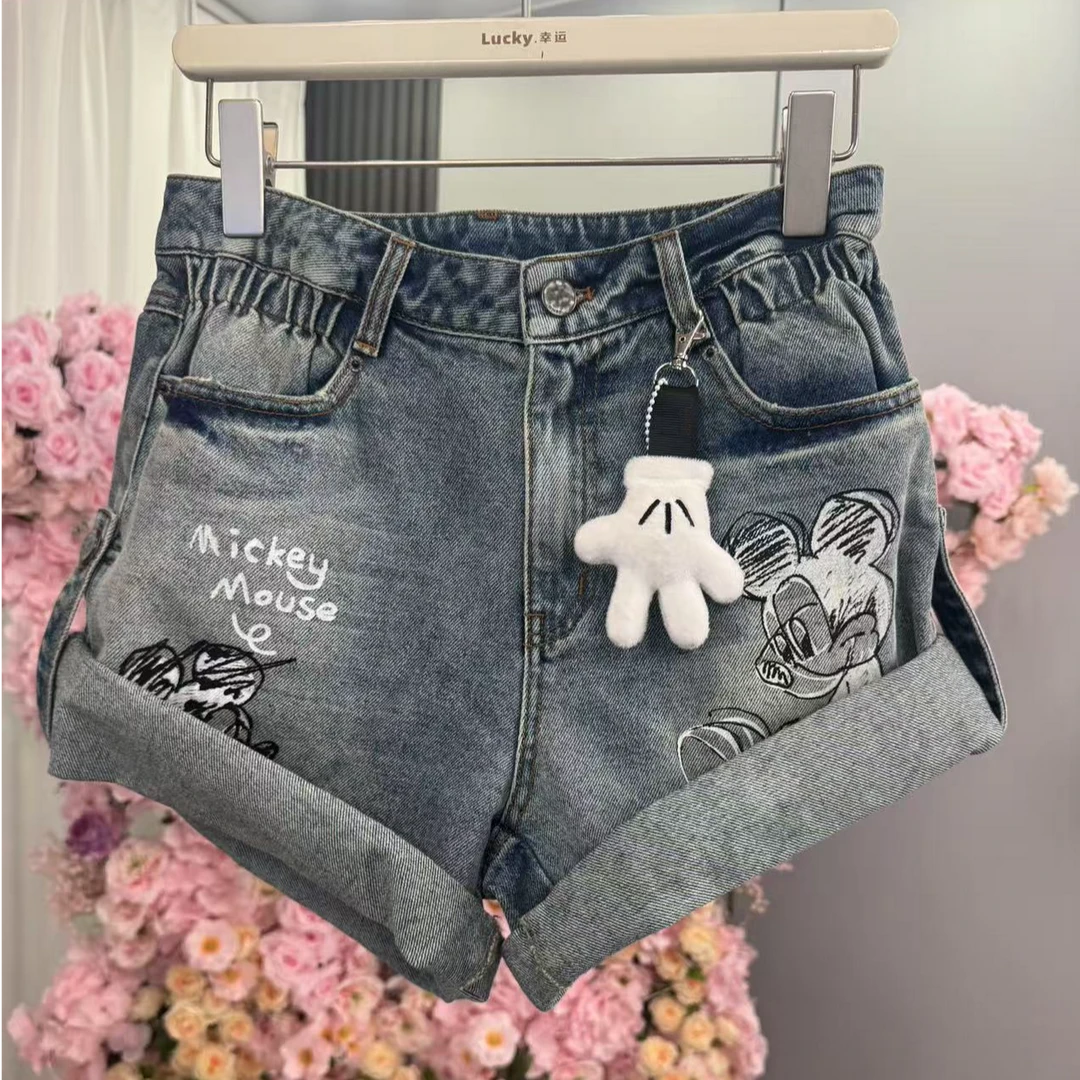 【王小小406】卡通时尚卷边高腰牛仔短裤洋气百搭