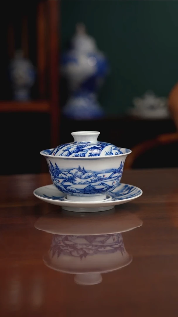 晓月窑青花雪景盖碗