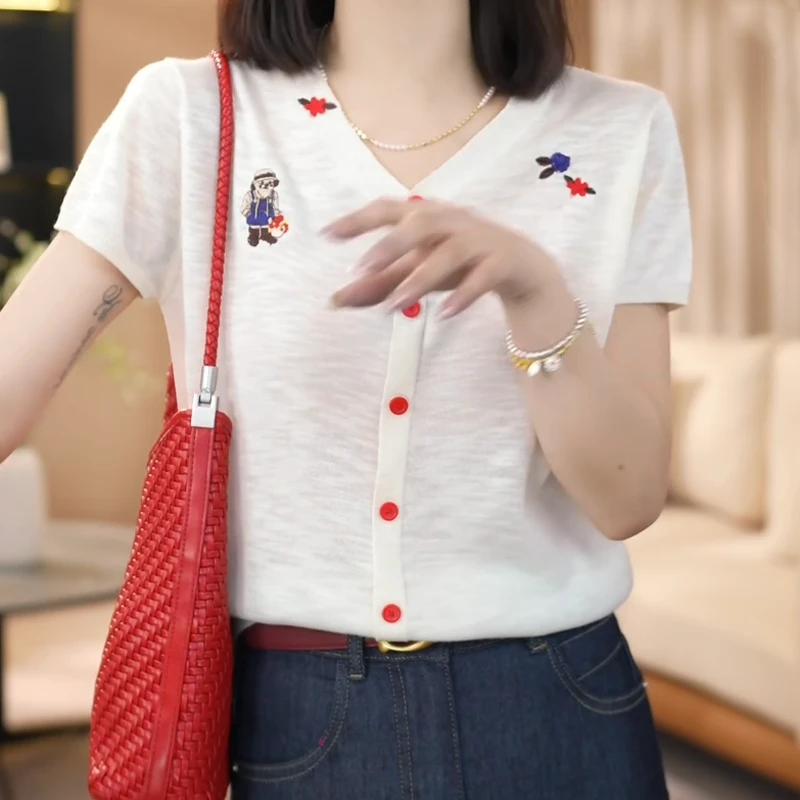 【临风夏日】夏季新款冰丝肤感极简风刺绣显瘦短袖针织上衣