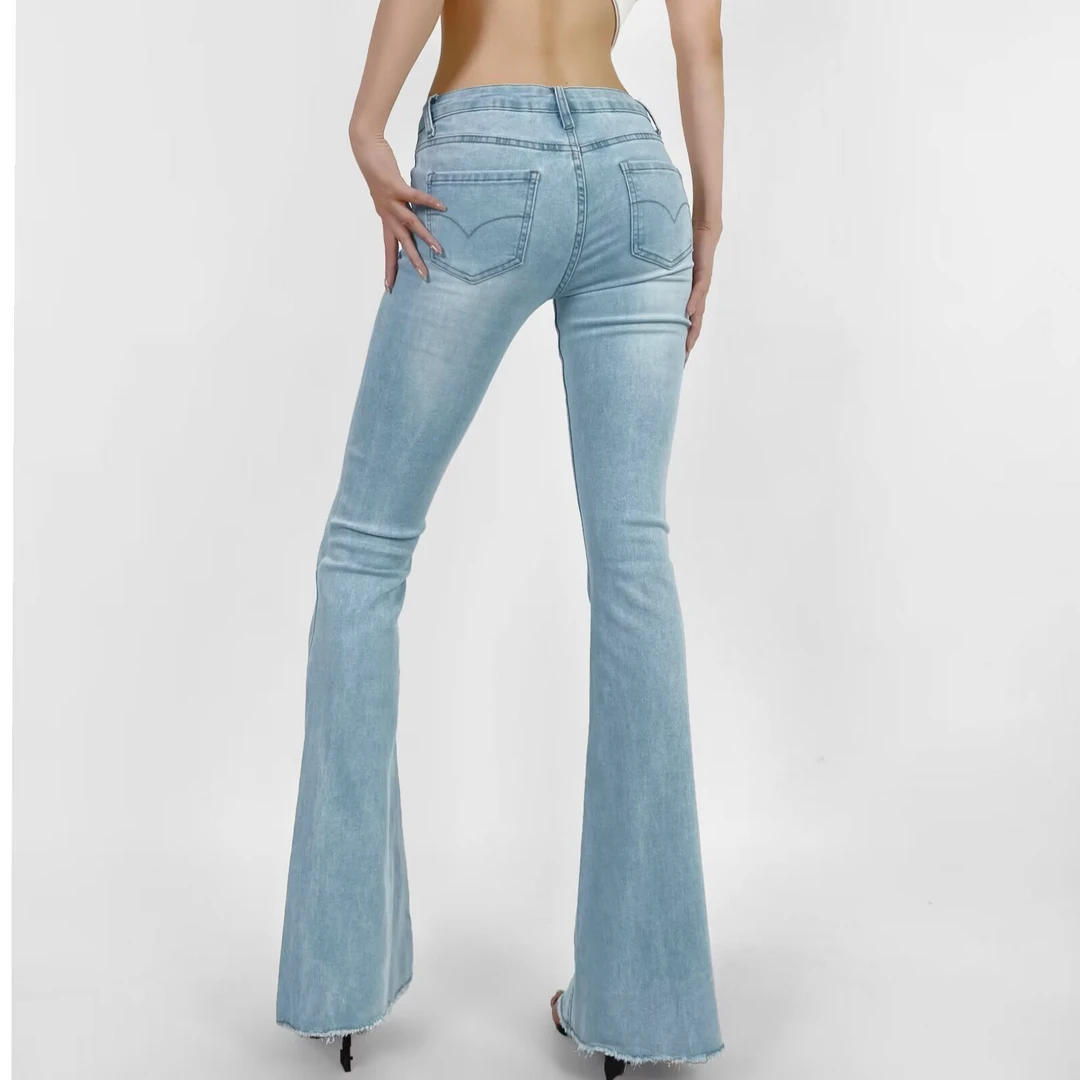 2025新款辣妹低腰修身显瘦喇叭显腿长牛仔毛边拖地长裤