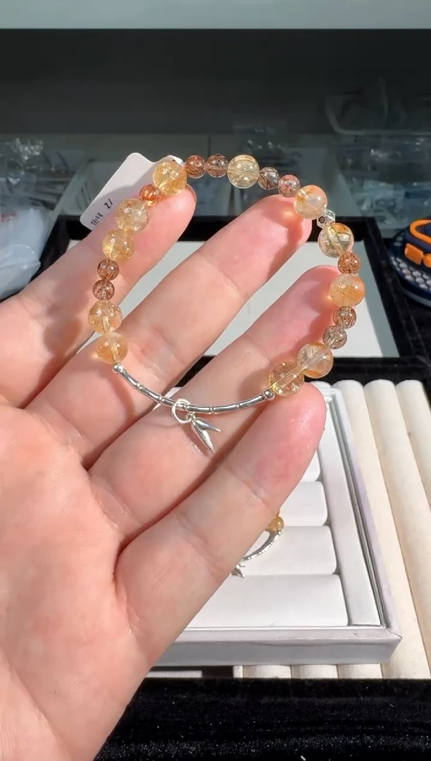 水晶手链银S925镶嵌T014黑金超黄水弯管款