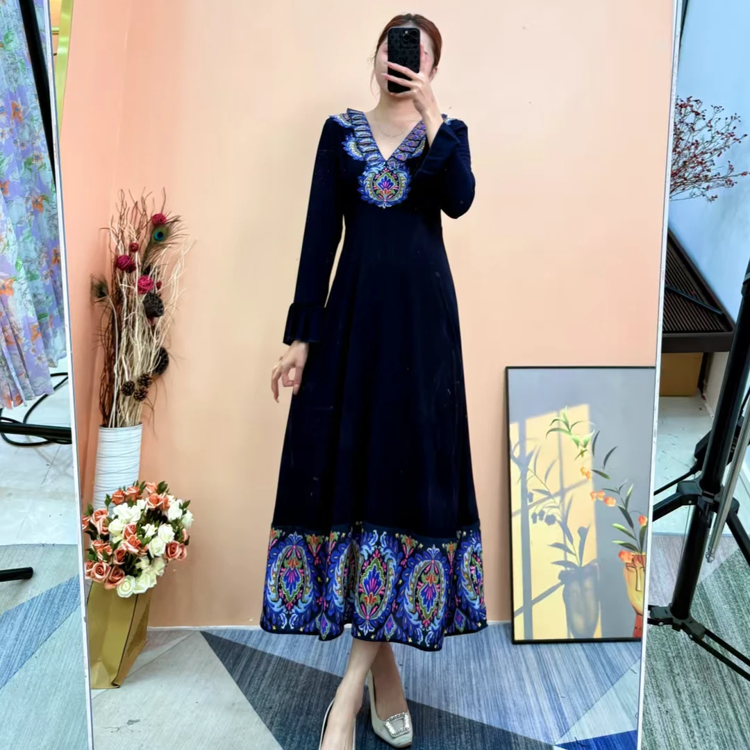 [依易原创]气质唯美新中式国风民族印花高腰显瘦优雅长裙E0222