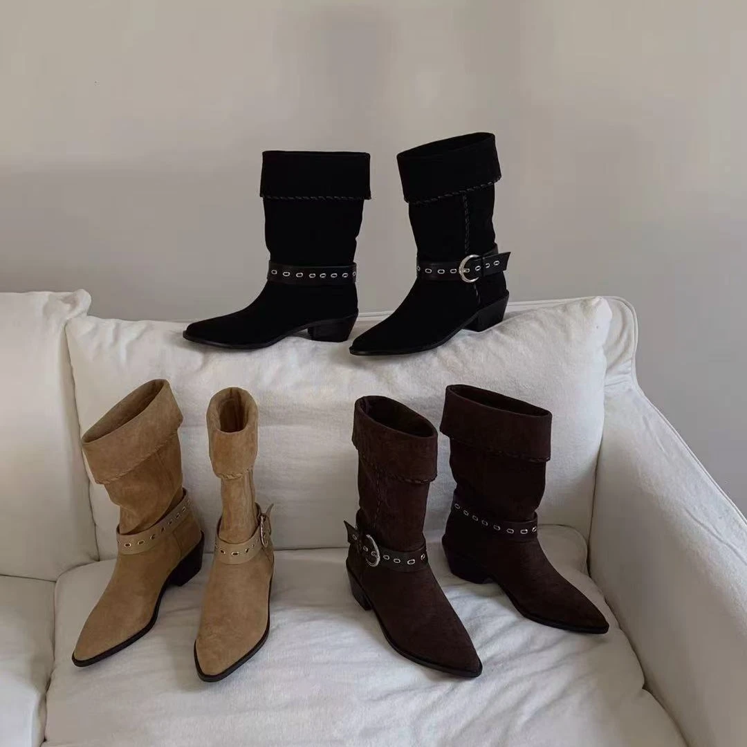 LULULAB.明星同款复古中筒骑士靴