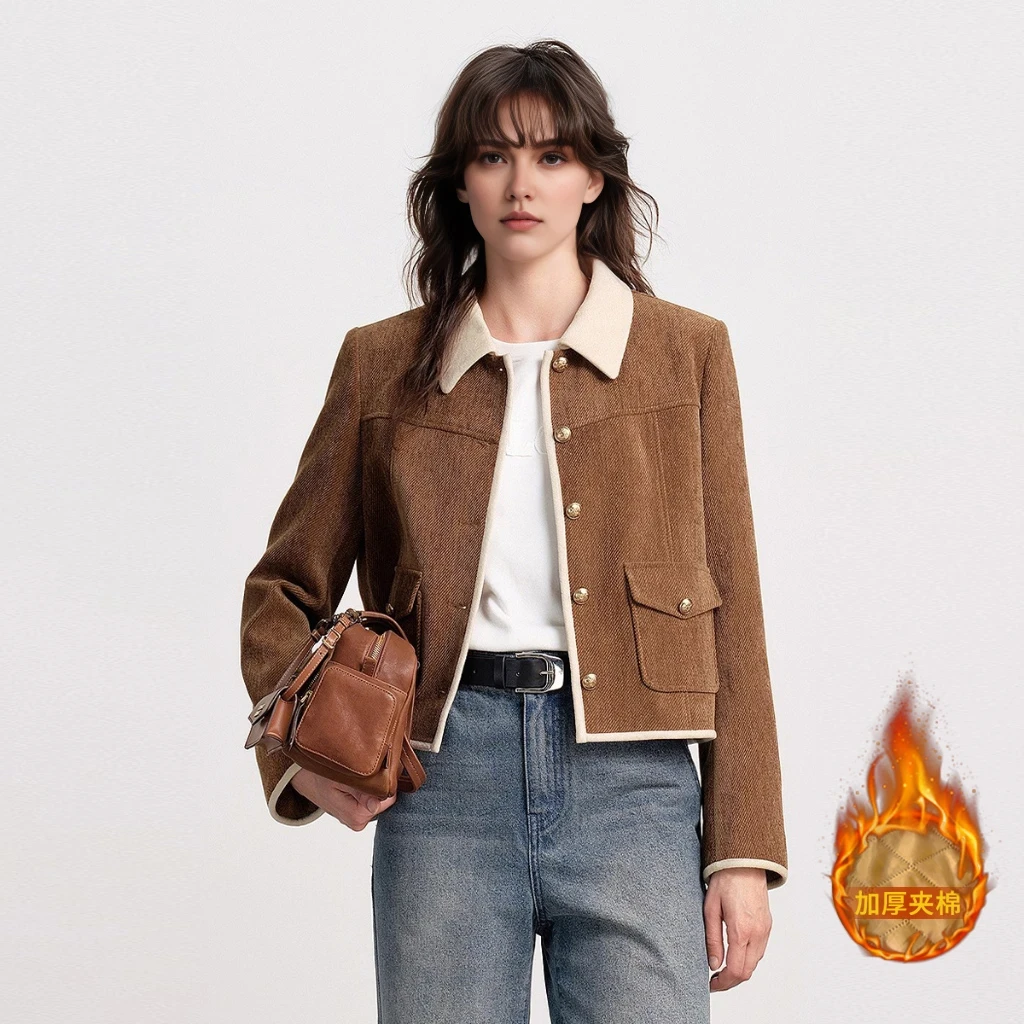 2025秋冬季复古斜纹雪尼尔丝绒短款外套女宽松休闲加棉加厚夹克