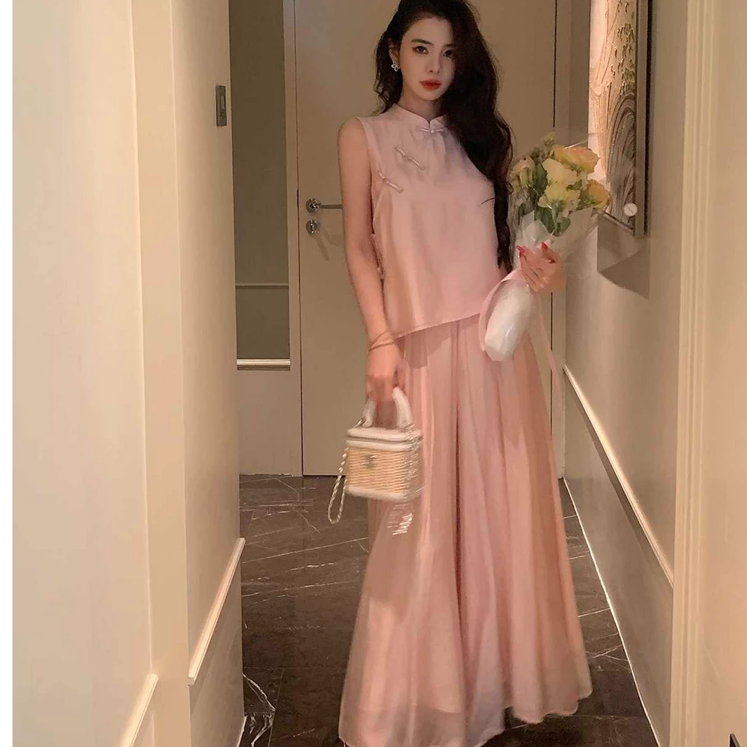 夏季新款粉色新中式国风背心高腰垂感长裤女气质宽松上衣