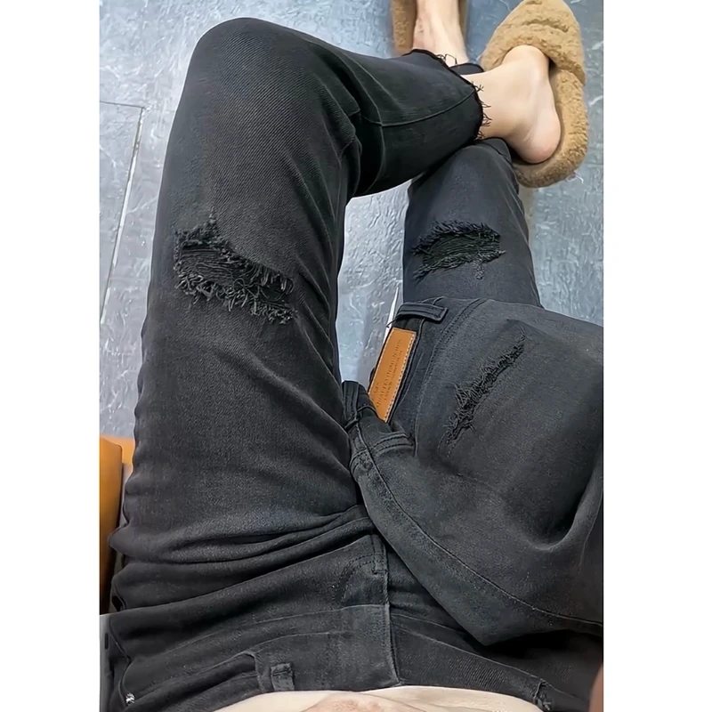 黑色复古牛仔裤设计感小众破洞牛仔裤小脚裤高腰弹力显瘦舒适百搭
