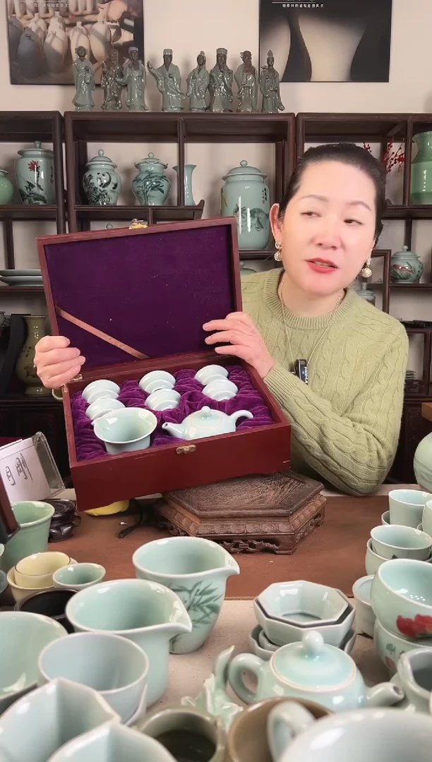 纯手工 粉青 8头茶具L（撇口杯）