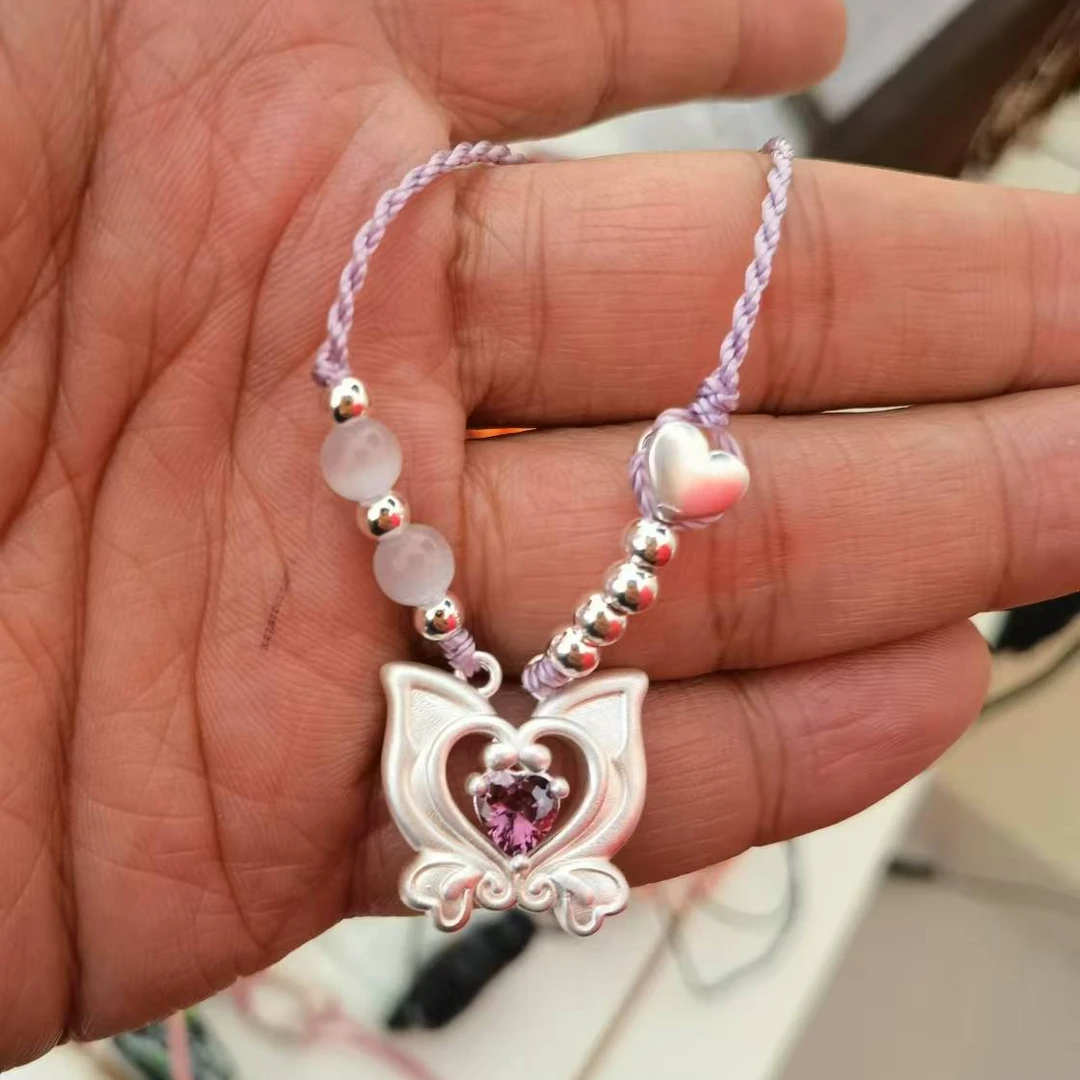 坠链均足银 999纯银项链手工时尚可爱紫色灵动中古镶嵌素款