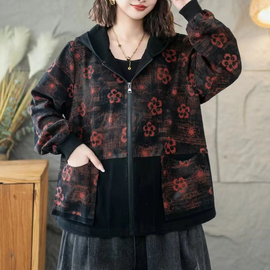 634新款春秋洋气时尚休闲百搭牛仔外套连帽复古宽松印花开衫女