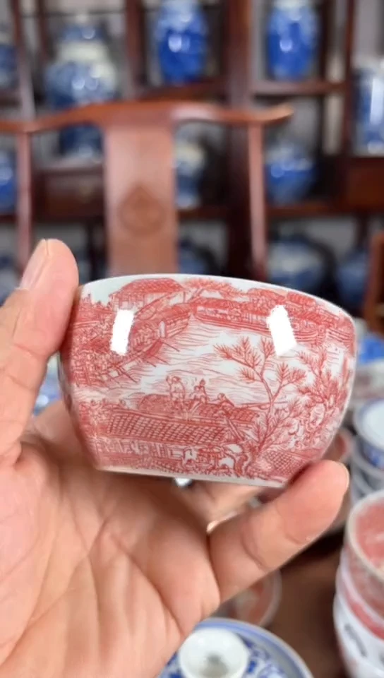 柴窑釉里红清明上河图杯杯仿古泥