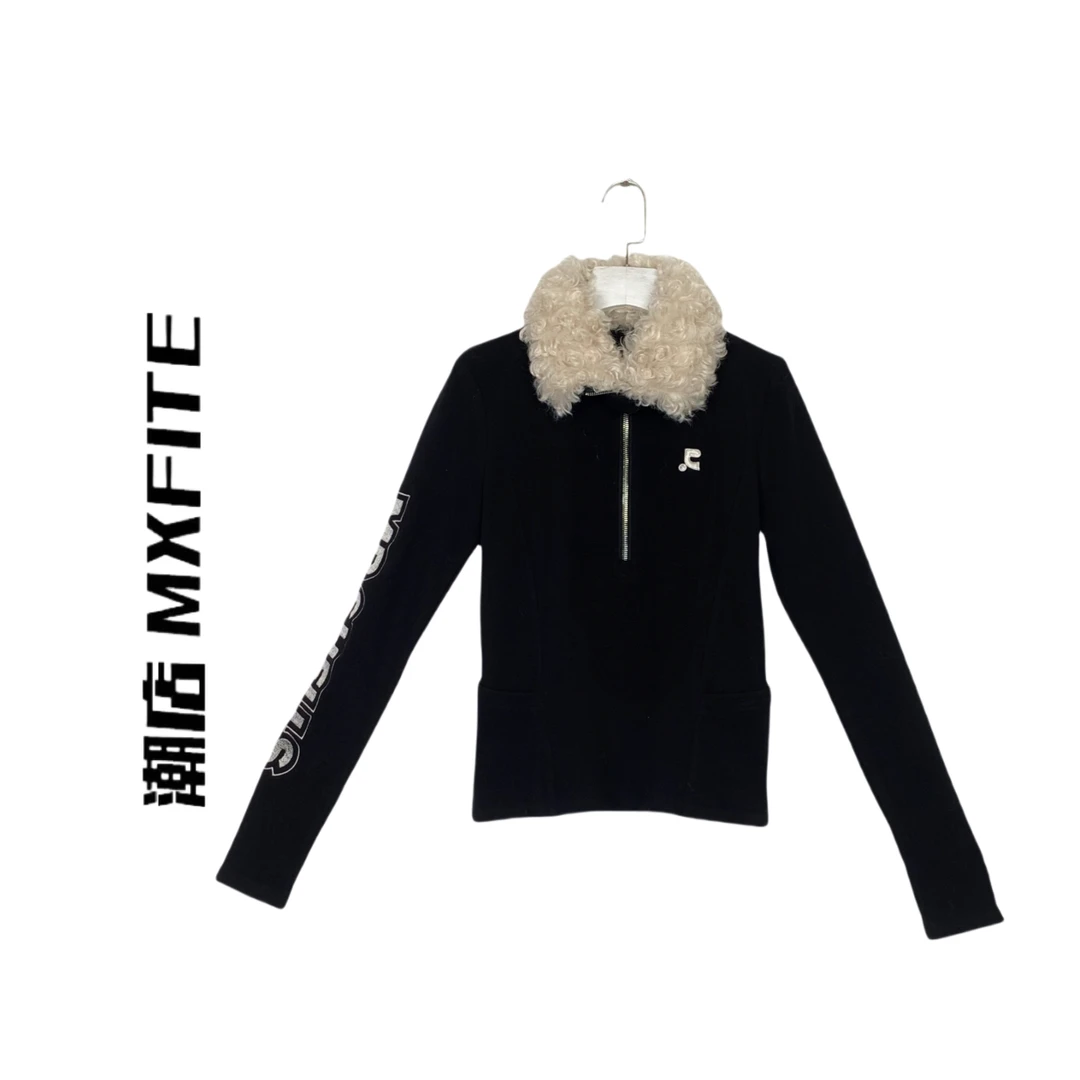 MXFITE潮店秋冬新款个性毛领拉链修身长袖打底衫上衣（LF28581）