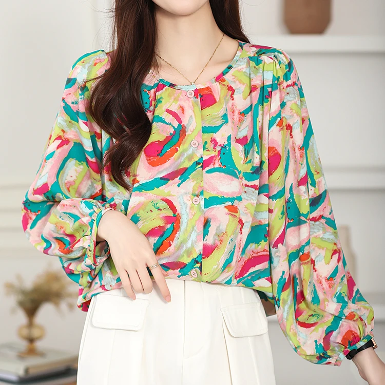 雪纺印花衬衫女春季气质百搭宽松显瘦圆领上衣灯笼袖设计感