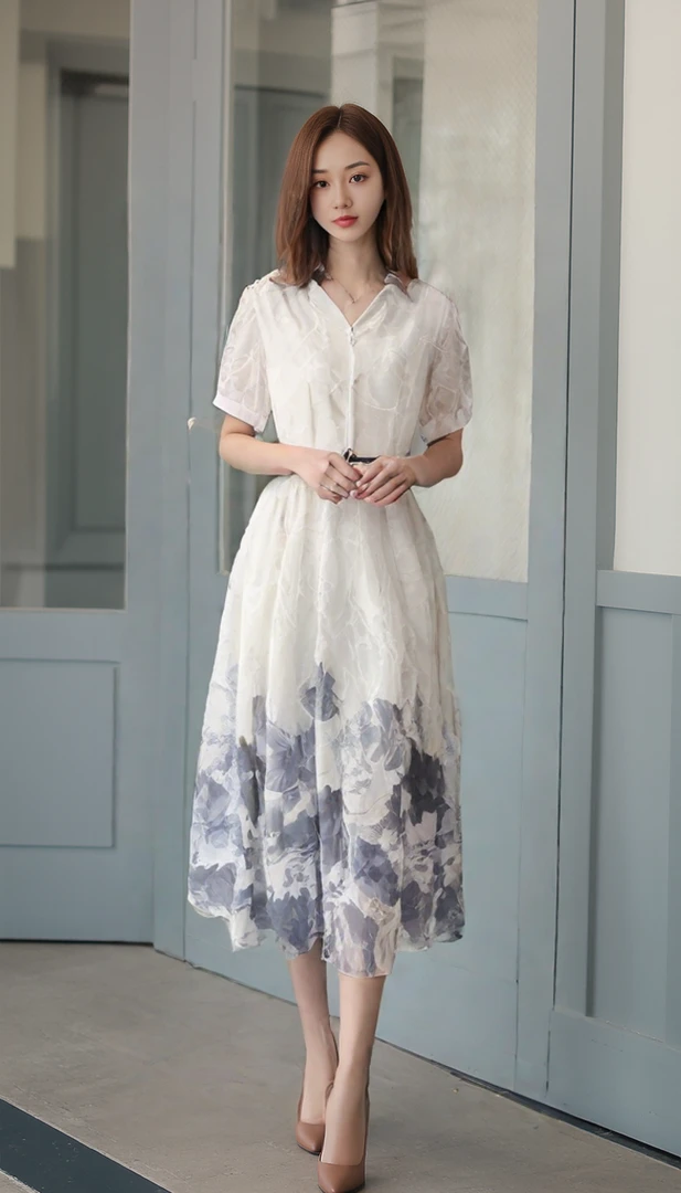 63法式高端精致绝美小香风白色印花连衣裙