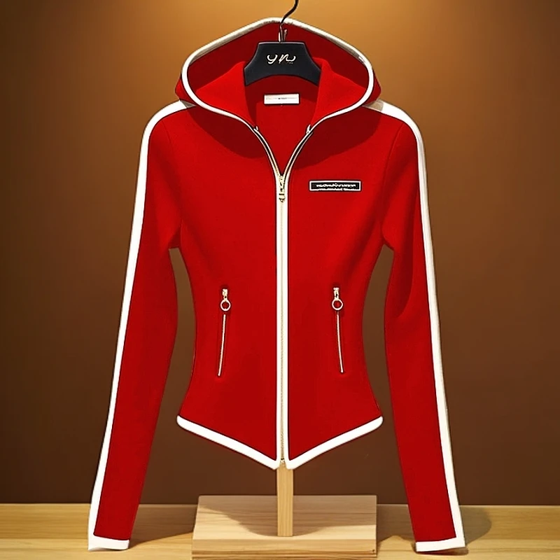 2025爆款运动休闲红色拉链连帽卫衣外套女早春超好看收腰显瘦上衣