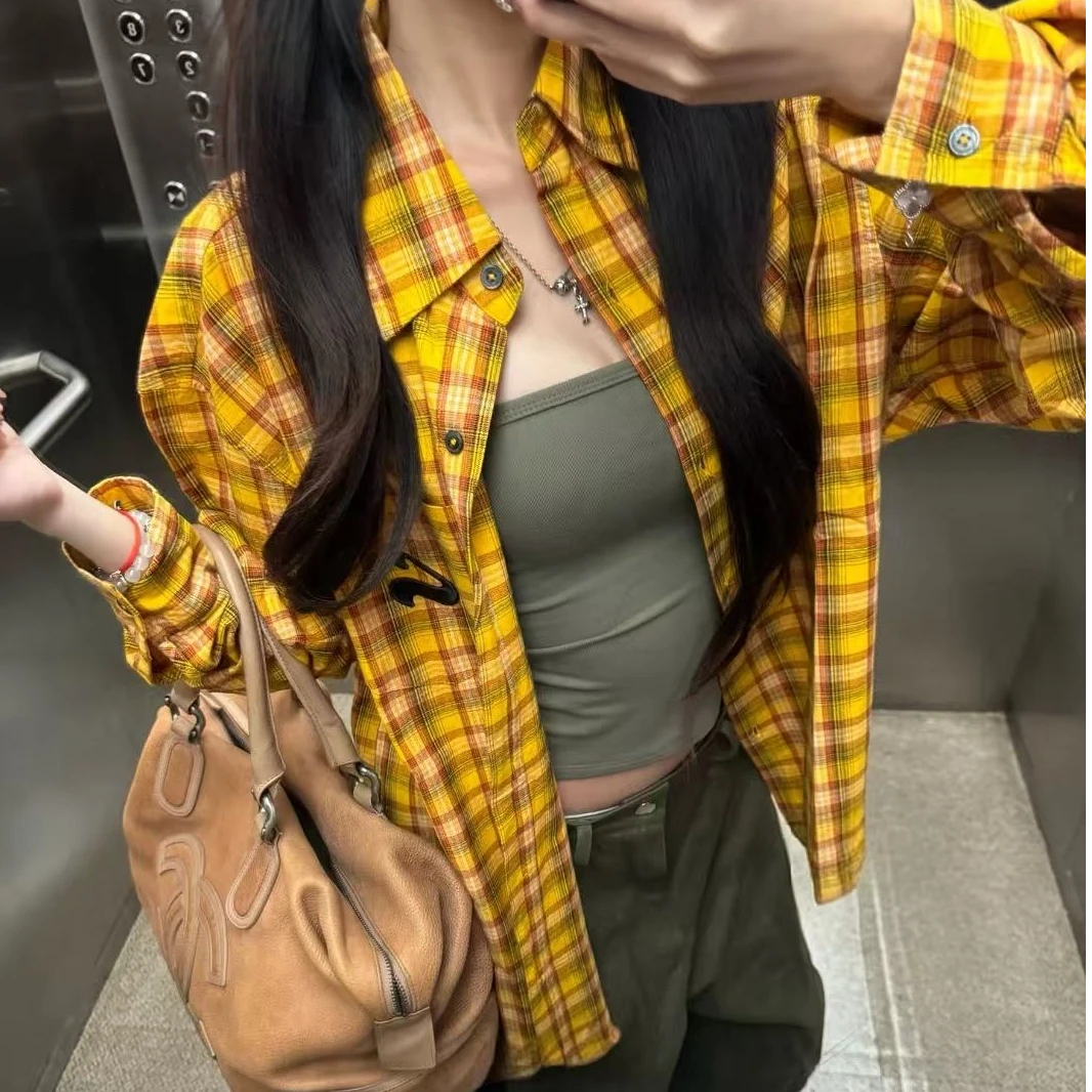 多巴胺格子韩版ins风慵懒风polo领衬衫女春夏新款显瘦休闲衬衣