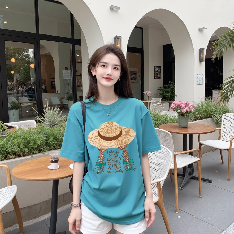【草帽姑娘】纯棉高品质大版短袖T恤 印花宽松休闲时尚纯棉