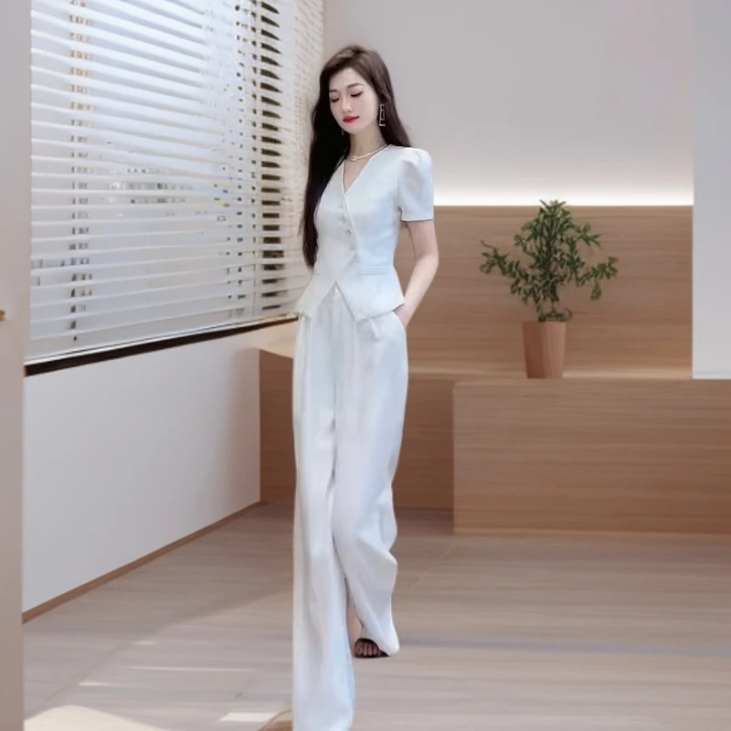 2025夏季高雅时尚套装女新款高级斜纽扣小西服上衣气质长裤两件套
