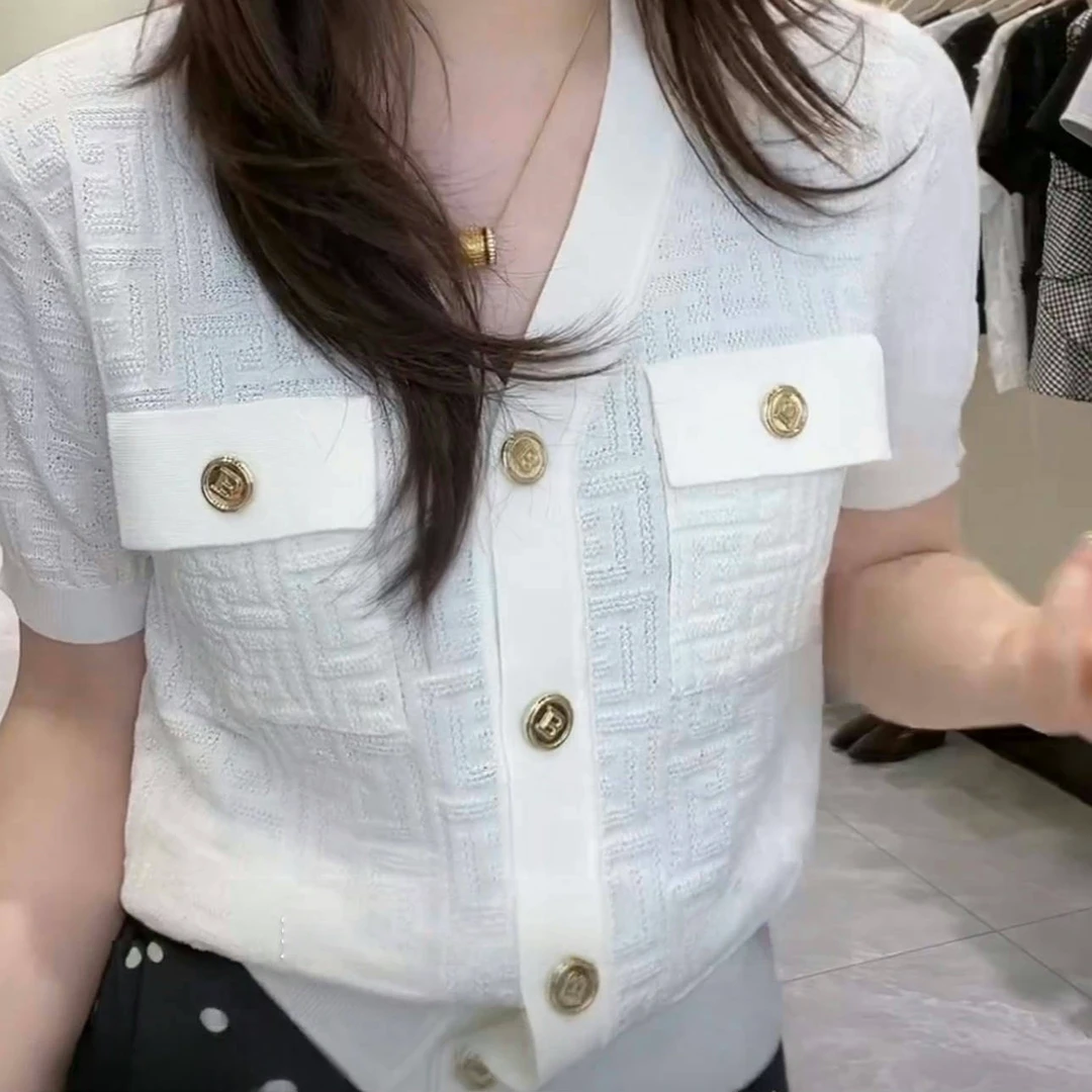 小香风针织上衣小众V领显瘦气质短袖2025年夏季新款薄款漂亮小衫