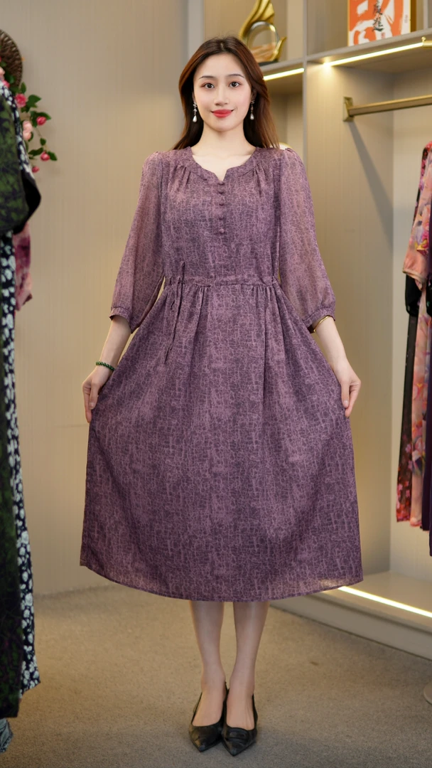 妈妈装连衣裙女装气质中长款女装【开领粉裂纹】HY