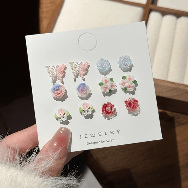 合金耳饰 粉色花朵耳钉6对装冷淡风蝴蝶花朵耳环女小众高级感耳饰